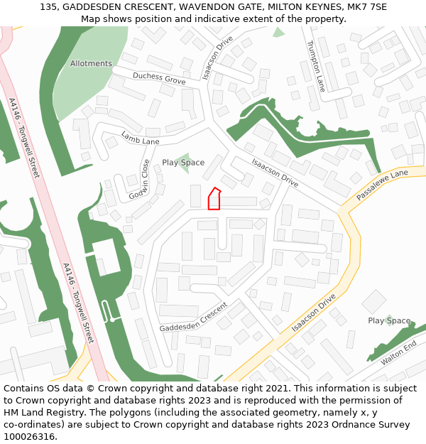 135, GADDESDEN CRESCENT, WAVENDON GATE, MILTON KEYNES, MK7 7SE: Location map and indicative extent of plot