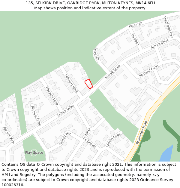 135, SELKIRK DRIVE, OAKRIDGE PARK, MILTON KEYNES, MK14 6FH: Location map and indicative extent of plot