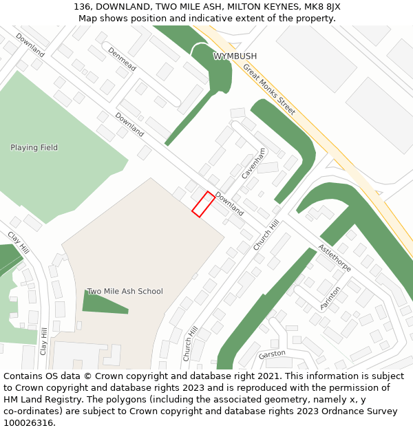 136, DOWNLAND, TWO MILE ASH, MILTON KEYNES, MK8 8JX: Location map and indicative extent of plot