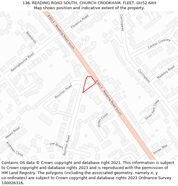 136, READING ROAD SOUTH, CHURCH CROOKHAM, FLEET, GU52 6AH: Location map and indicative extent of plot