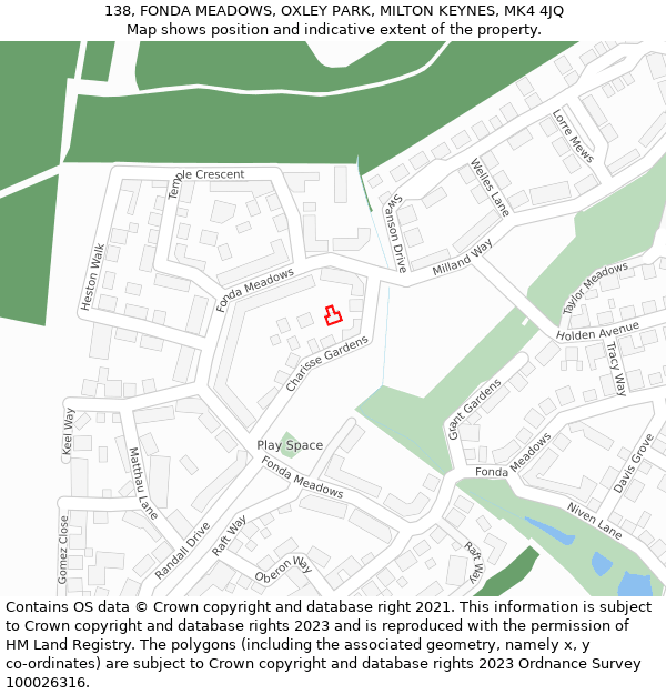 138, FONDA MEADOWS, OXLEY PARK, MILTON KEYNES, MK4 4JQ: Location map and indicative extent of plot