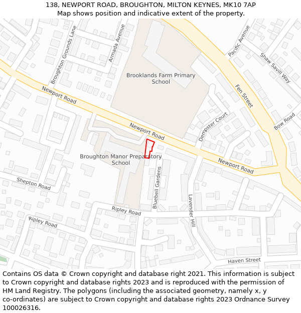 138, NEWPORT ROAD, BROUGHTON, MILTON KEYNES, MK10 7AP: Location map and indicative extent of plot