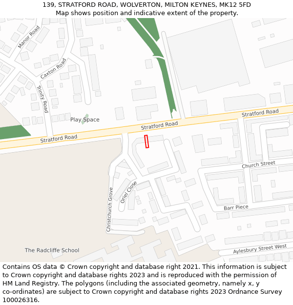 139, STRATFORD ROAD, WOLVERTON, MILTON KEYNES, MK12 5FD: Location map and indicative extent of plot