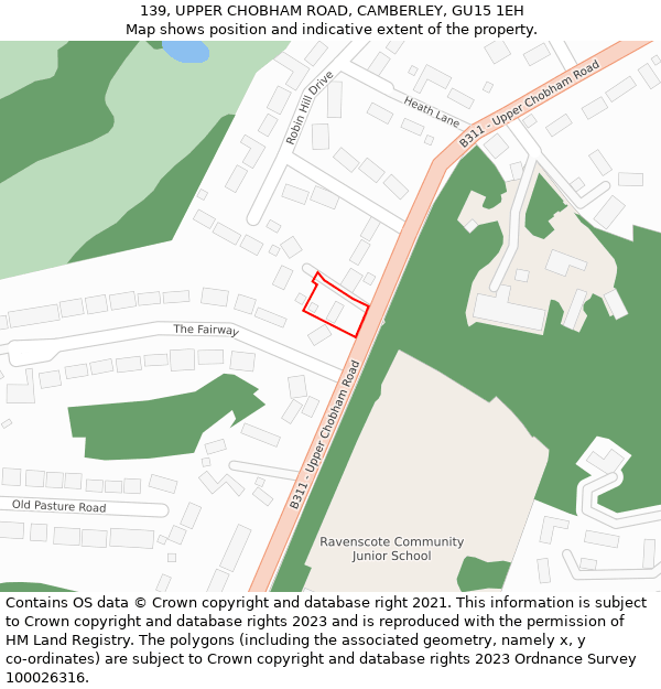 139, UPPER CHOBHAM ROAD, CAMBERLEY, GU15 1EH: Location map and indicative extent of plot