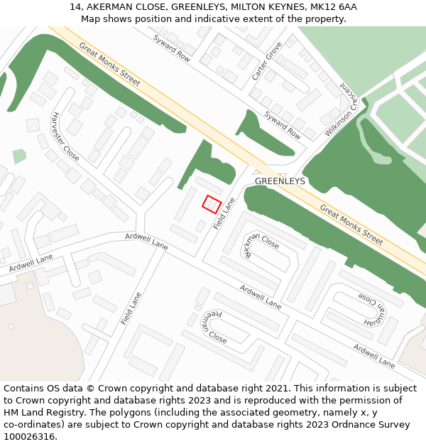 14, AKERMAN CLOSE, GREENLEYS, MILTON KEYNES, MK12 6AA: Location map and indicative extent of plot