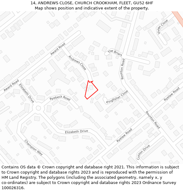 14, ANDREWS CLOSE, CHURCH CROOKHAM, FLEET, GU52 6HF: Location map and indicative extent of plot