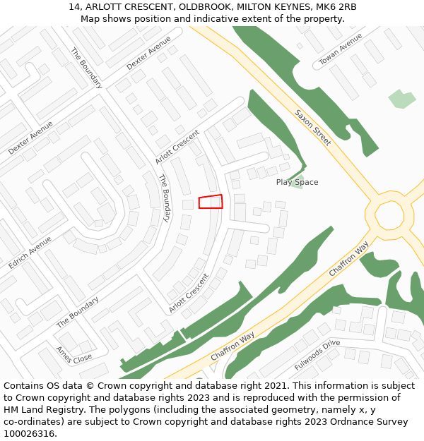 14, ARLOTT CRESCENT, OLDBROOK, MILTON KEYNES, MK6 2RB: Location map and indicative extent of plot