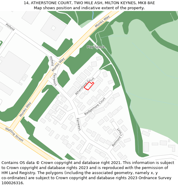 14, ATHERSTONE COURT, TWO MILE ASH, MILTON KEYNES, MK8 8AE: Location map and indicative extent of plot