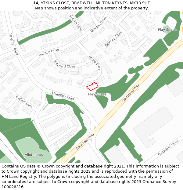 14, ATKINS CLOSE, BRADWELL, MILTON KEYNES, MK13 9HT: Location map and indicative extent of plot