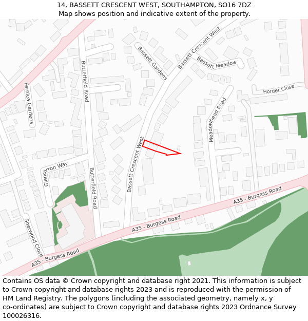 14, BASSETT CRESCENT WEST, SOUTHAMPTON, SO16 7DZ: Location map and indicative extent of plot