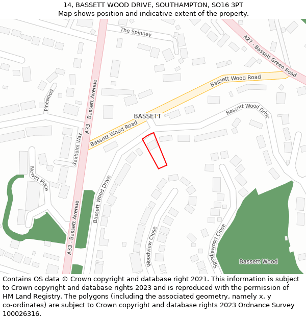 14, BASSETT WOOD DRIVE, SOUTHAMPTON, SO16 3PT: Location map and indicative extent of plot