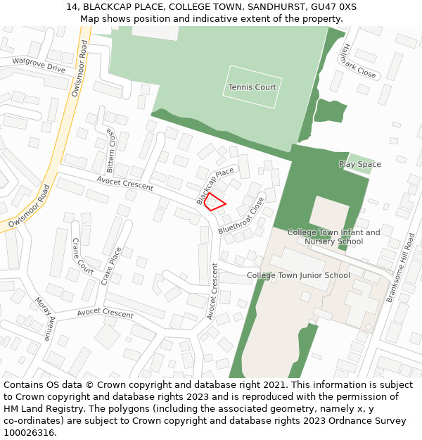 14, BLACKCAP PLACE, COLLEGE TOWN, SANDHURST, GU47 0XS: Location map and indicative extent of plot
