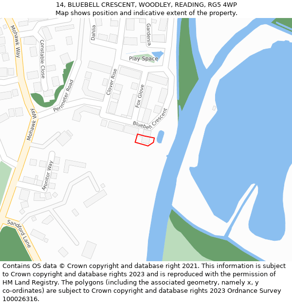 14, BLUEBELL CRESCENT, WOODLEY, READING, RG5 4WP: Location map and indicative extent of plot