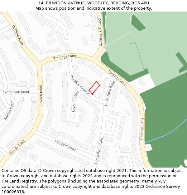 14, BRANDON AVENUE, WOODLEY, READING, RG5 4PU: Location map and indicative extent of plot