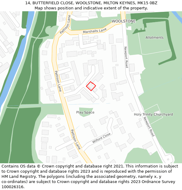 14, BUTTERFIELD CLOSE, WOOLSTONE, MILTON KEYNES, MK15 0BZ: Location map and indicative extent of plot