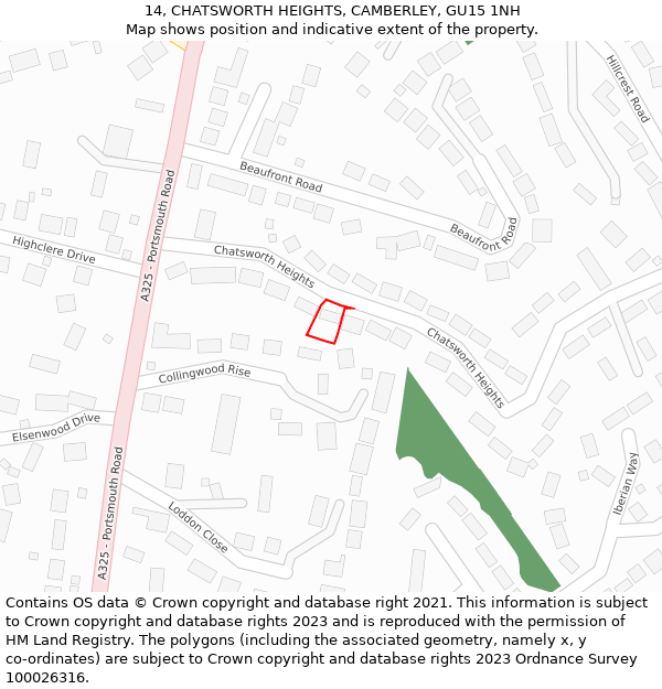 14, CHATSWORTH HEIGHTS, CAMBERLEY, GU15 1NH: Location map and indicative extent of plot