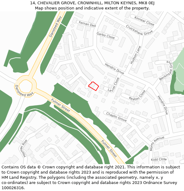 14, CHEVALIER GROVE, CROWNHILL, MILTON KEYNES, MK8 0EJ: Location map and indicative extent of plot