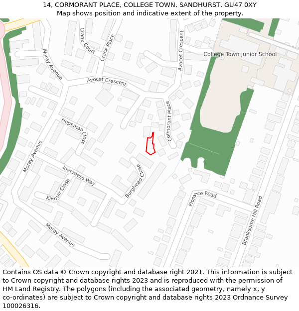 14, CORMORANT PLACE, COLLEGE TOWN, SANDHURST, GU47 0XY: Location map and indicative extent of plot