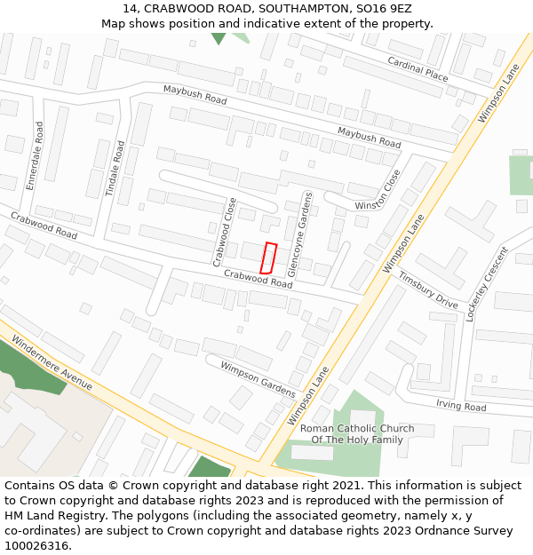 14, CRABWOOD ROAD, SOUTHAMPTON, SO16 9EZ: Location map and indicative extent of plot