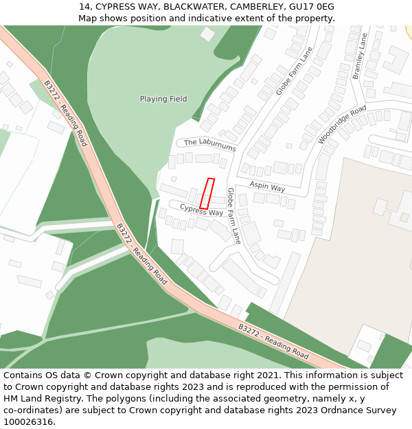 14, CYPRESS WAY, BLACKWATER, CAMBERLEY, GU17 0EG: Location map and indicative extent of plot