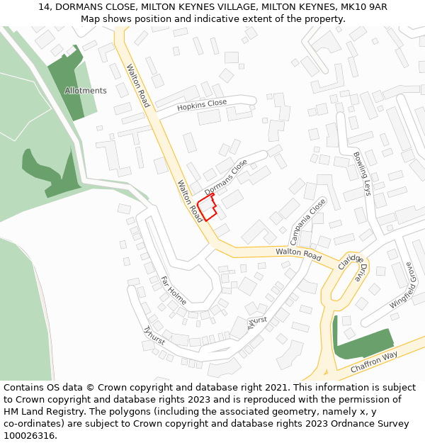 14, DORMANS CLOSE, MILTON KEYNES VILLAGE, MILTON KEYNES, MK10 9AR: Location map and indicative extent of plot