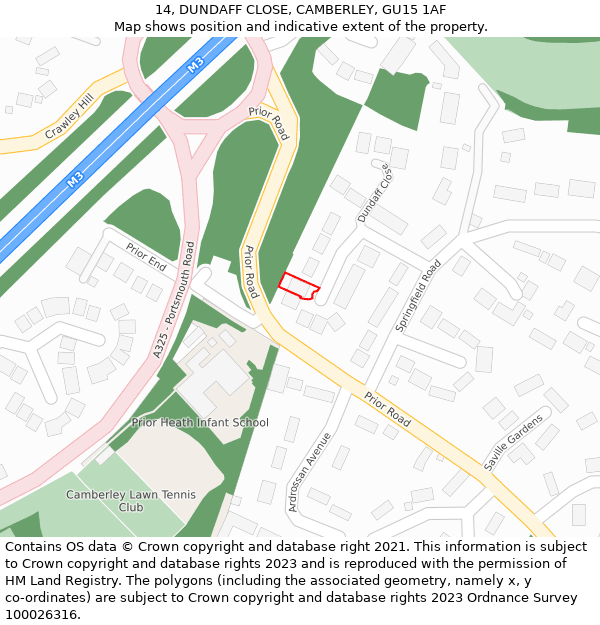 14, DUNDAFF CLOSE, CAMBERLEY, GU15 1AF: Location map and indicative extent of plot