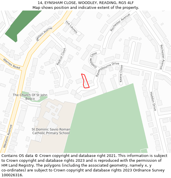 14, EYNSHAM CLOSE, WOODLEY, READING, RG5 4LF: Location map and indicative extent of plot