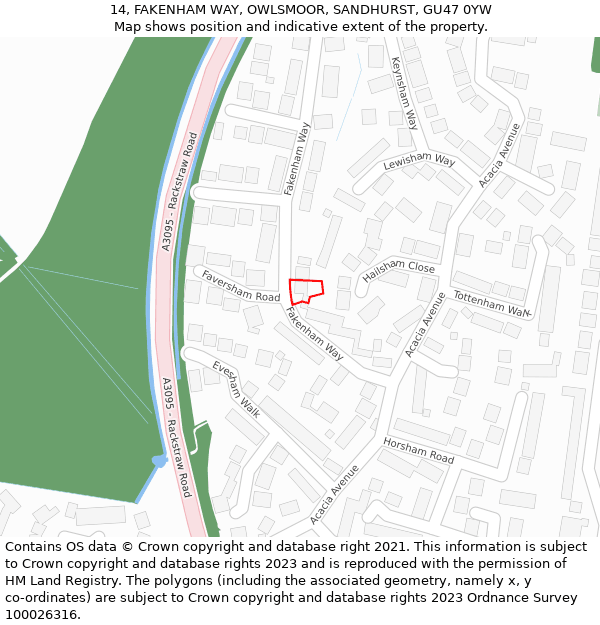 14, FAKENHAM WAY, OWLSMOOR, SANDHURST, GU47 0YW: Location map and indicative extent of plot