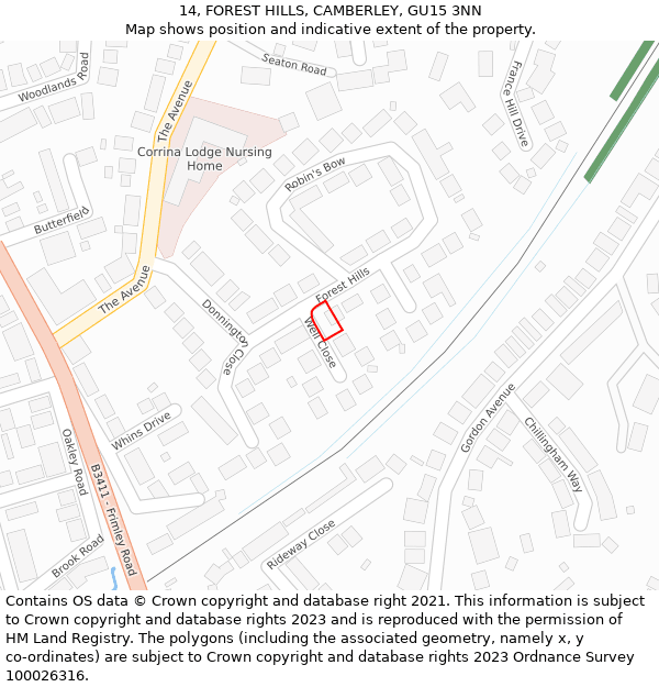 14, FOREST HILLS, CAMBERLEY, GU15 3NN: Location map and indicative extent of plot