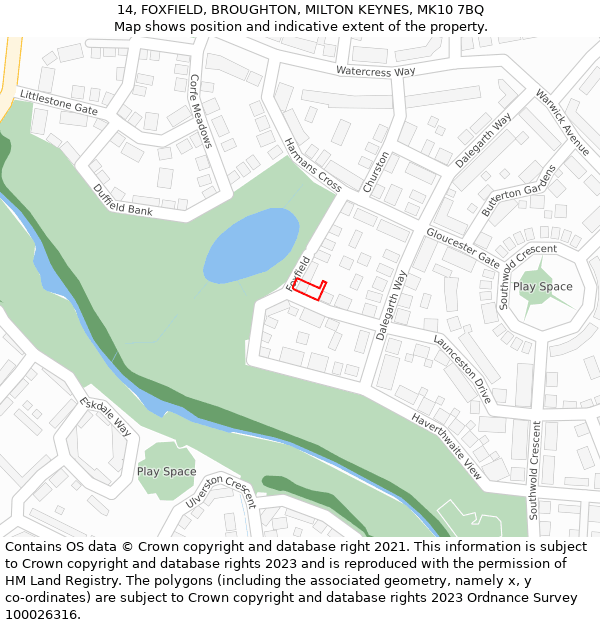 14, FOXFIELD, BROUGHTON, MILTON KEYNES, MK10 7BQ: Location map and indicative extent of plot