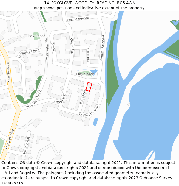 14, FOXGLOVE, WOODLEY, READING, RG5 4WN: Location map and indicative extent of plot