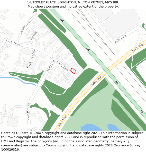 14, FOXLEY PLACE, LOUGHTON, MILTON KEYNES, MK5 8BU: Location map and indicative extent of plot