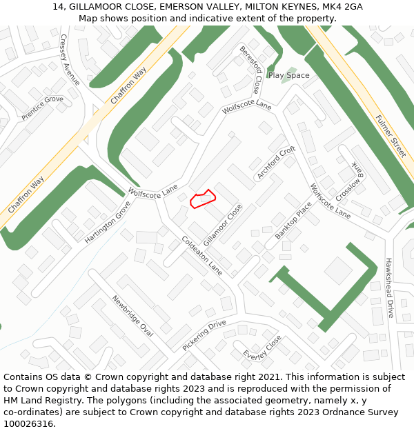 14, GILLAMOOR CLOSE, EMERSON VALLEY, MILTON KEYNES, MK4 2GA: Location map and indicative extent of plot