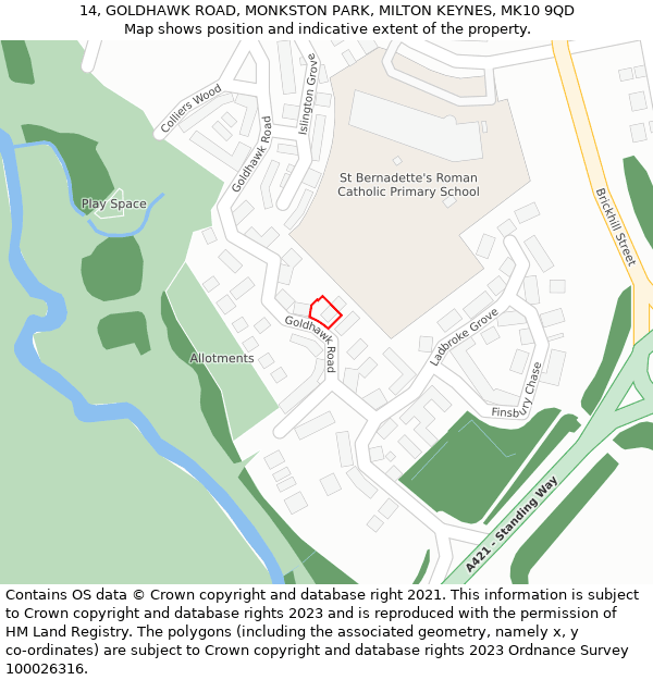 14, GOLDHAWK ROAD, MONKSTON PARK, MILTON KEYNES, MK10 9QD: Location map and indicative extent of plot