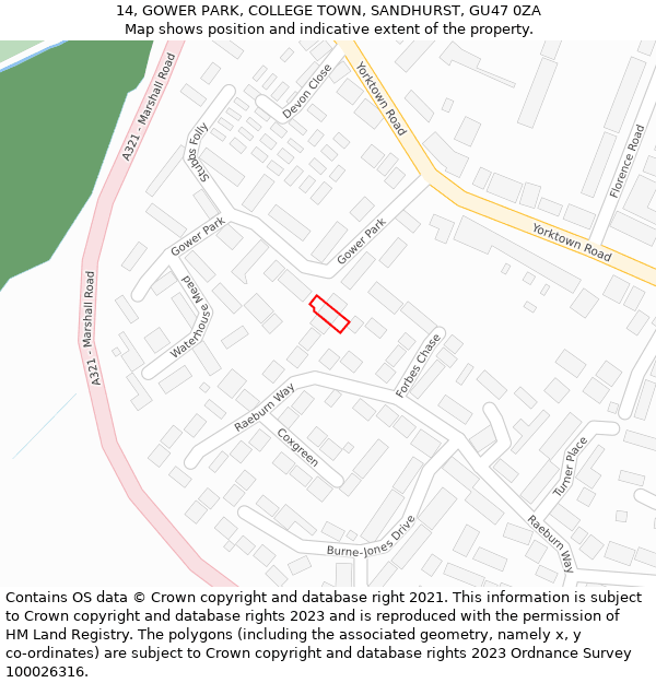 14, GOWER PARK, COLLEGE TOWN, SANDHURST, GU47 0ZA: Location map and indicative extent of plot