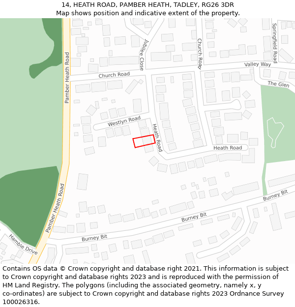 14, HEATH ROAD, PAMBER HEATH, TADLEY, RG26 3DR: Location map and indicative extent of plot