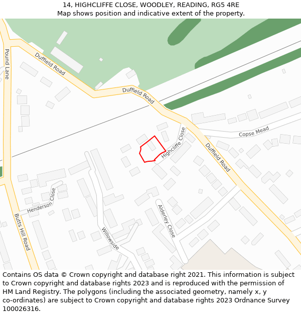 14, HIGHCLIFFE CLOSE, WOODLEY, READING, RG5 4RE: Location map and indicative extent of plot