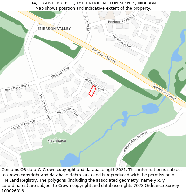 14, HIGHVEER CROFT, TATTENHOE, MILTON KEYNES, MK4 3BN: Location map and indicative extent of plot