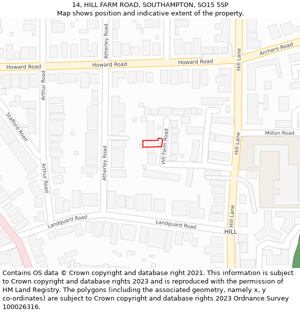 14, HILL FARM ROAD, SOUTHAMPTON, SO15 5SP: Location map and indicative extent of plot