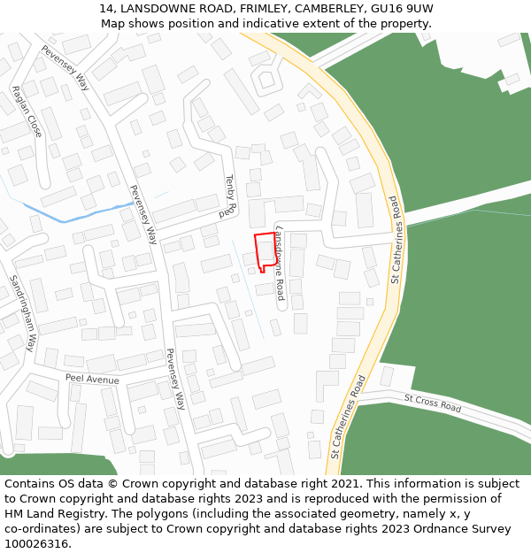 14, LANSDOWNE ROAD, FRIMLEY, CAMBERLEY, GU16 9UW: Location map and indicative extent of plot