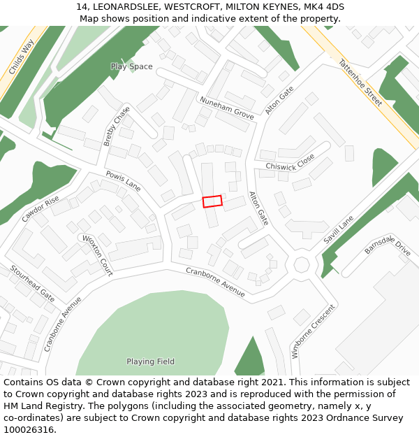 14, LEONARDSLEE, WESTCROFT, MILTON KEYNES, MK4 4DS: Location map and indicative extent of plot