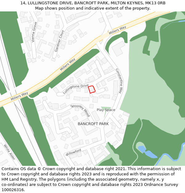 14, LULLINGSTONE DRIVE, BANCROFT PARK, MILTON KEYNES, MK13 0RB: Location map and indicative extent of plot