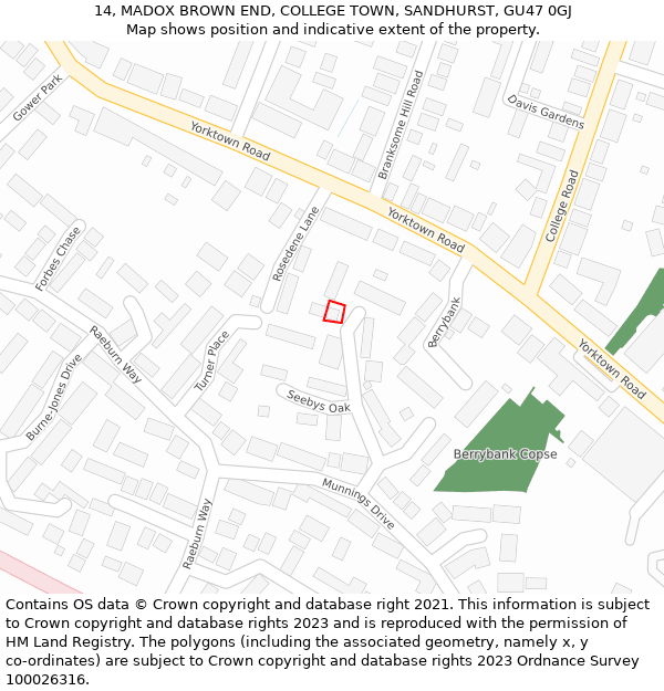 14, MADOX BROWN END, COLLEGE TOWN, SANDHURST, GU47 0GJ: Location map and indicative extent of plot