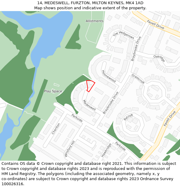 14, MEDESWELL, FURZTON, MILTON KEYNES, MK4 1AD: Location map and indicative extent of plot