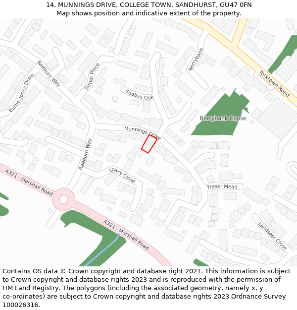 14, MUNNINGS DRIVE, COLLEGE TOWN, SANDHURST, GU47 0FN: Location map and indicative extent of plot