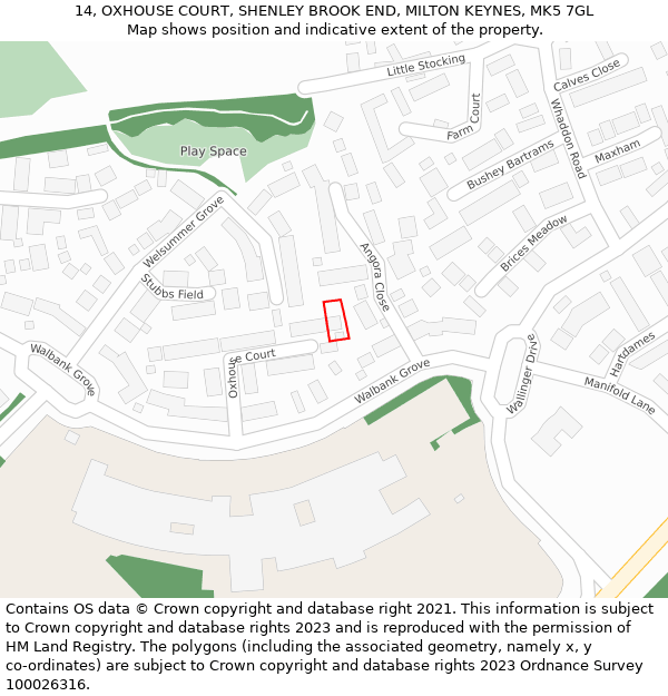 14, OXHOUSE COURT, SHENLEY BROOK END, MILTON KEYNES, MK5 7GL: Location map and indicative extent of plot