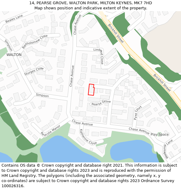 14, PEARSE GROVE, WALTON PARK, MILTON KEYNES, MK7 7HD: Location map and indicative extent of plot