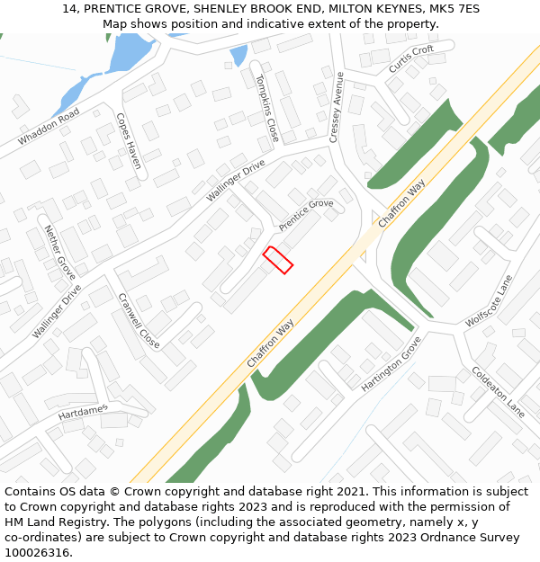 14, PRENTICE GROVE, SHENLEY BROOK END, MILTON KEYNES, MK5 7ES: Location map and indicative extent of plot