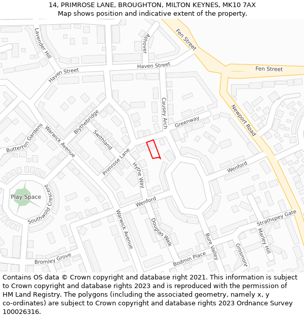 14, PRIMROSE LANE, BROUGHTON, MILTON KEYNES, MK10 7AX: Location map and indicative extent of plot