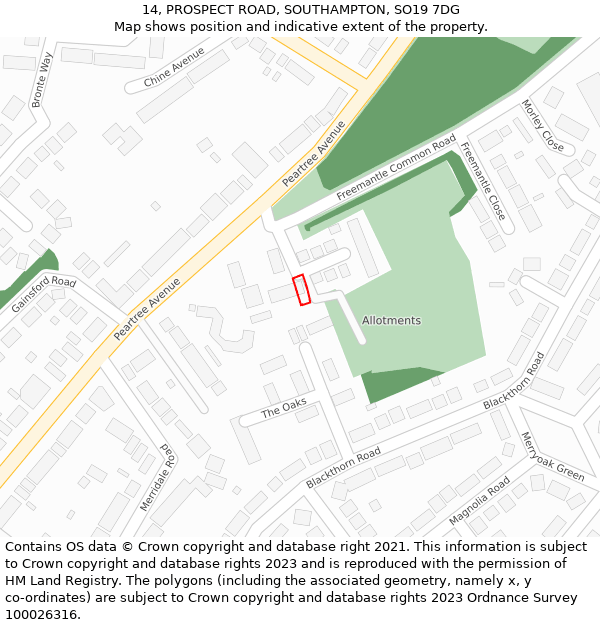 14, PROSPECT ROAD, SOUTHAMPTON, SO19 7DG: Location map and indicative extent of plot